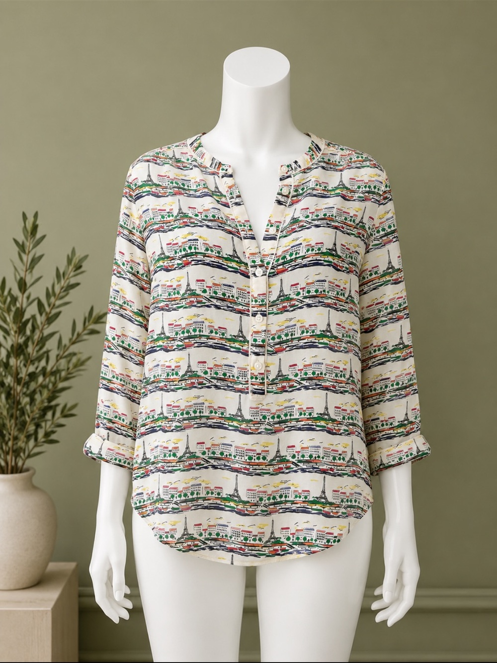 Eiffel Tower Print - Button-Front Blouse - Women’s - Cream Color - Small